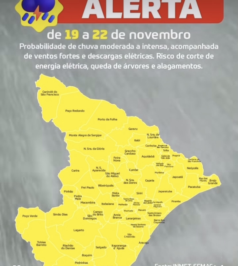 Defesa Civil emite alerta de chuvas e ventos fortes para Sergipe