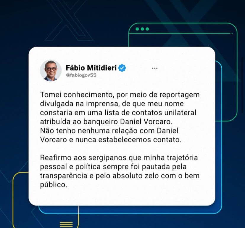 Fábio Mitidieri nega contato após ter nome citado na agenda do celular de Vorcaro