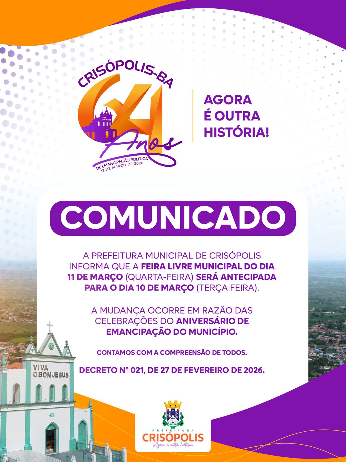 Prefeitura antecipa feira livre em Crisópolis por conta do aniversário de emancipação