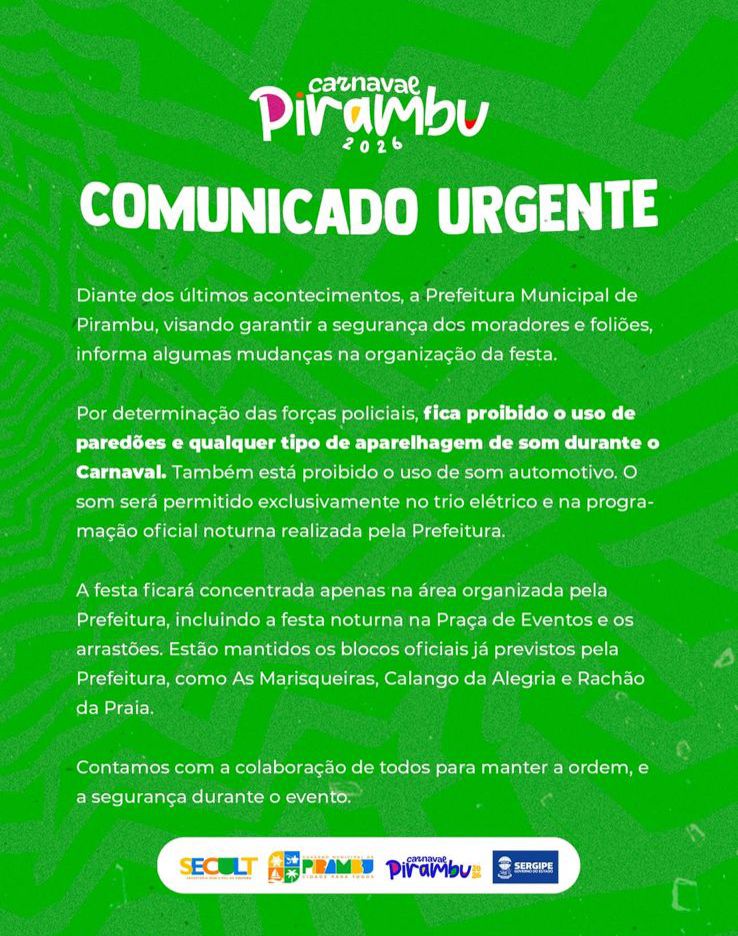 Prefeitura de Pirambu proíbe paredões e som automotivo durante o Carnaval 2026