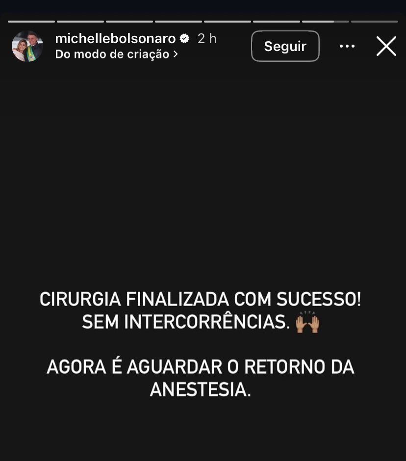Cirurgia de Bolsonaro termina sem intercorrências, informa Michelle nas redes sociais